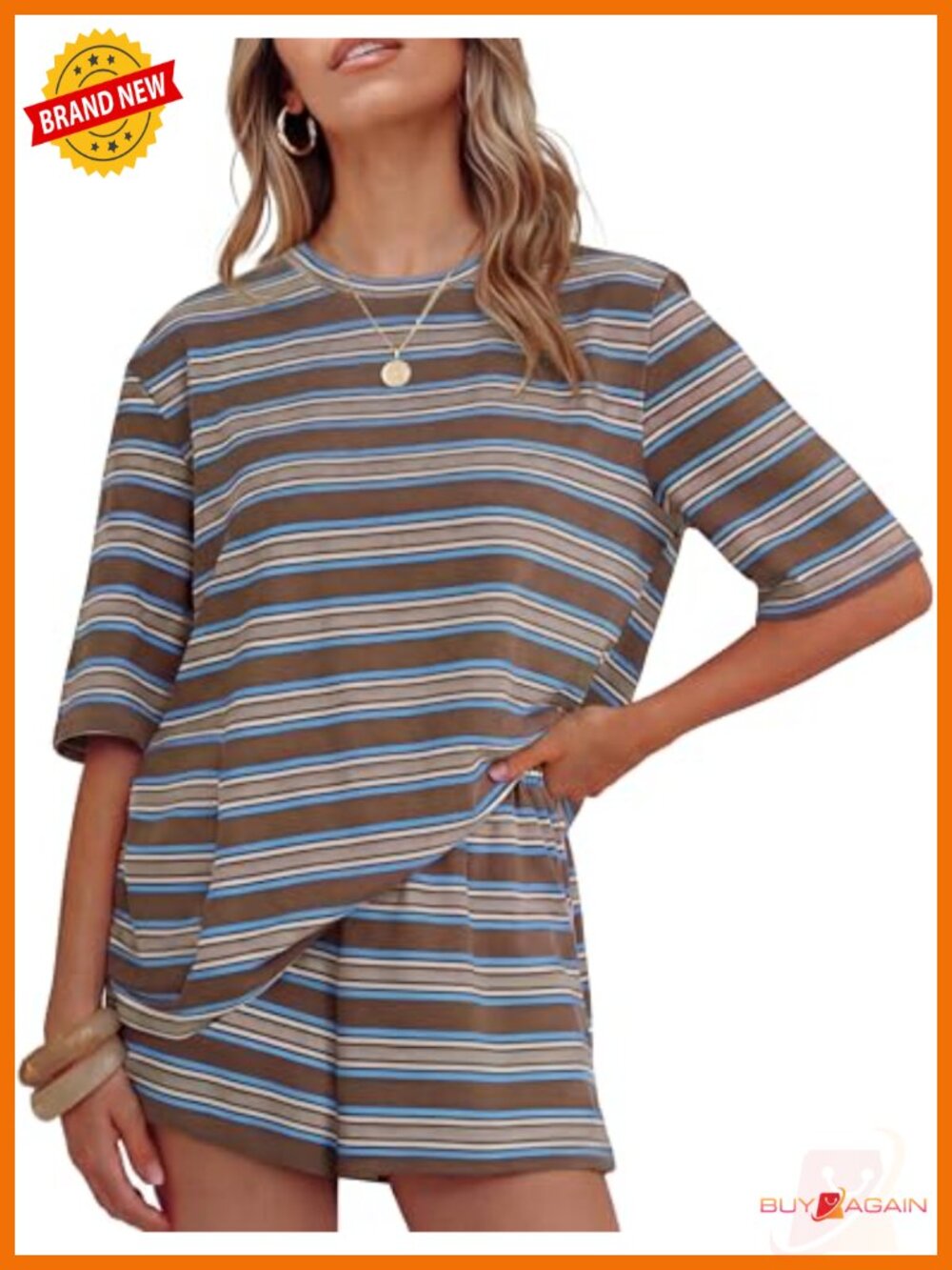 Women's 2 Piece Stripe Lounge Set Shorts Athletic Casual Knit Cotton